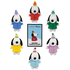 Six small Snoopy plush toys wearing different colorful winter jackets and hats are arranged around a central package label on a plain white background. The center label reads &