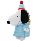 A plush keychain of Snoopy wearing a light blue quilted winter coat and a light blue knit beanie with a red pom-pom and orange band, attached to a gold keyring, on a white background.