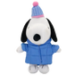 A plush toy of Snoopy wearing a blue quilted winter jacket and a blue-and-pink striped knit hat with a pink pom-pom, set against a plain white background.