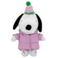 A plush Snoopy doll wearing a light pink puffer jacket and a matching pink knit hat with a green pom-pom, set against a plain white background.