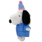 A plush keychain of Snoopy wearing a blue puffer jacket and a blue and pink striped knit beanie hat, shown against a plain white background.