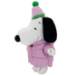 A plush toy of Snoopy wearing a pink puffer jacket and a pink knit beanie with a green pom-pom, set against a plain white background.