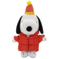 A plush toy of Snoopy wearing a red puffer jacket and a red and yellow striped party hat with a yellow pom-pom, set against a plain white background.