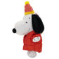 A plush toy of Snoopy wearing a red puffer jacket and a red and yellow knit party hat, set against a plain white background.