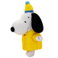 A plush toy of Snoopy wearing a yellow puffer jacket and a yellow and blue knit beanie hat, set against a plain white background.