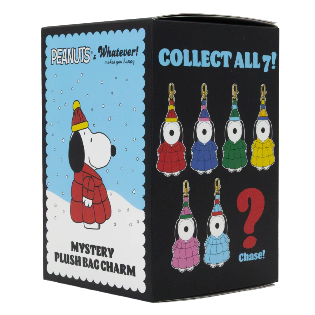A Peanuts 'Whatever! Collect All 7! Mystery Plush Bag Charm' retail box. The packaging features Snoopy in a red winter coat on a snowy blue and white background on the left panel, and seven colorful plush bag charms (red, blue, green, yellow, pink, light blue, and purple) on the right panel against a black background, with a large red question mark and the name 'Chase'.
