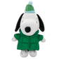 A plush toy of Snoopy wearing a green quilted winter coat and a green and light blue knit hat with a pom-pom, set against a plain white background.