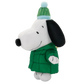 A plush toy of Snoopy wearing a green quilted jacket and a green and light blue knit beanie hat, set against a plain white background.