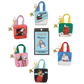 Six small Peanuts-themed mini tote bags with colorful handles and cartoon character prints, arranged around a central package on a white background.