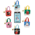 Six small Peanuts-themed mini tote bags with colorful handles and cartoon character prints, arranged around a central package on a white background.