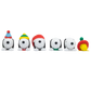 Six small Snoopy figurines lined up on a plain white background, each wearing a different colorful winter hat or scarf.