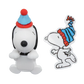 A white Snoopy character figurine wearing a blue and red striped party hat stands next to a matching die-cut sticker of Snoopy in the same hat on a plain white background.