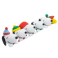 A row of Snoopy plush dog toys lined up diagonally, each wearing a different colorful holiday hat on a plain white background.