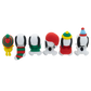 Six small Snoopy character figurines lined up on a plain white background, each wearing a different colorful holiday-themed outfit or hat.