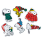 Six Snoopy and Woodstock holiday-themed die-cut stickers arranged on a plain white background, each showing different winter outfits and accessories.