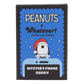 Peanuts x Whatever! Mystery Phone Buddy packaging, featuring a blue and black box with Snoopy in a Santa hat and the text 'MYSTERY PHONE BUDDY'.