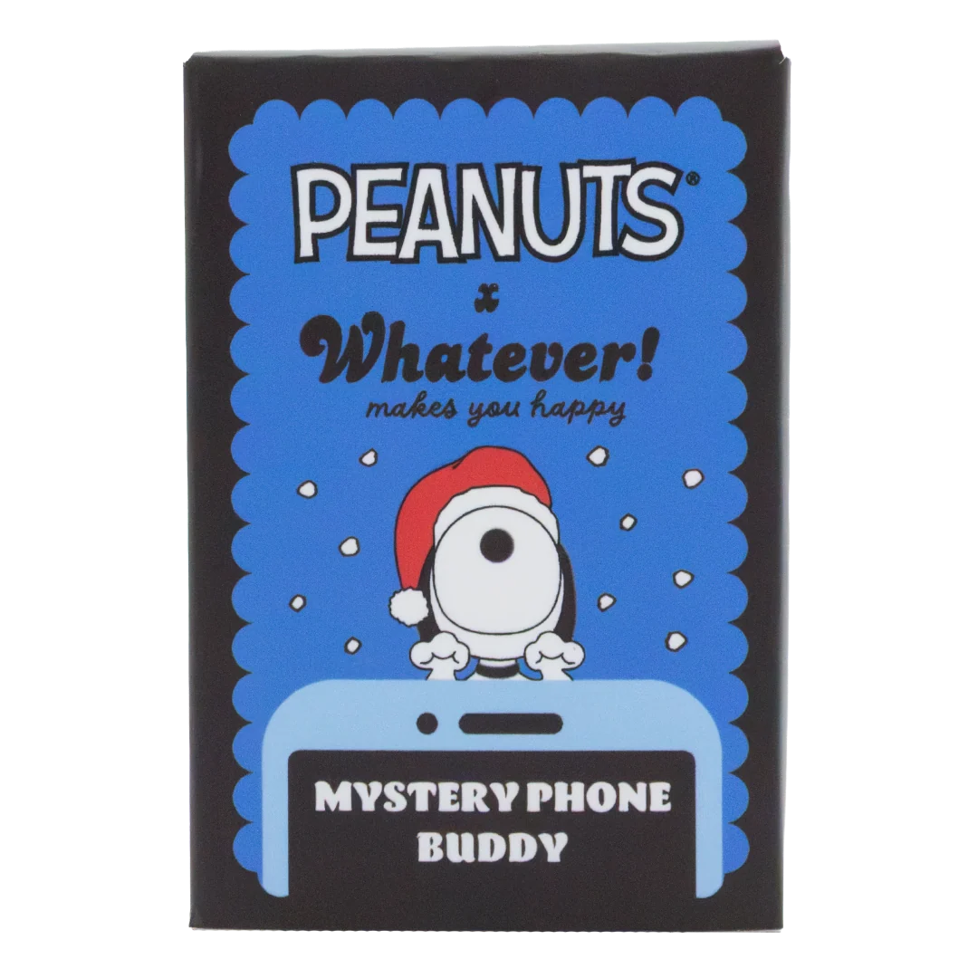 Peanuts x Whatever! Mystery Phone Buddy packaging, featuring a blue and black box with Snoopy in a Santa hat and the text 'MYSTERY PHONE BUDDY'.
