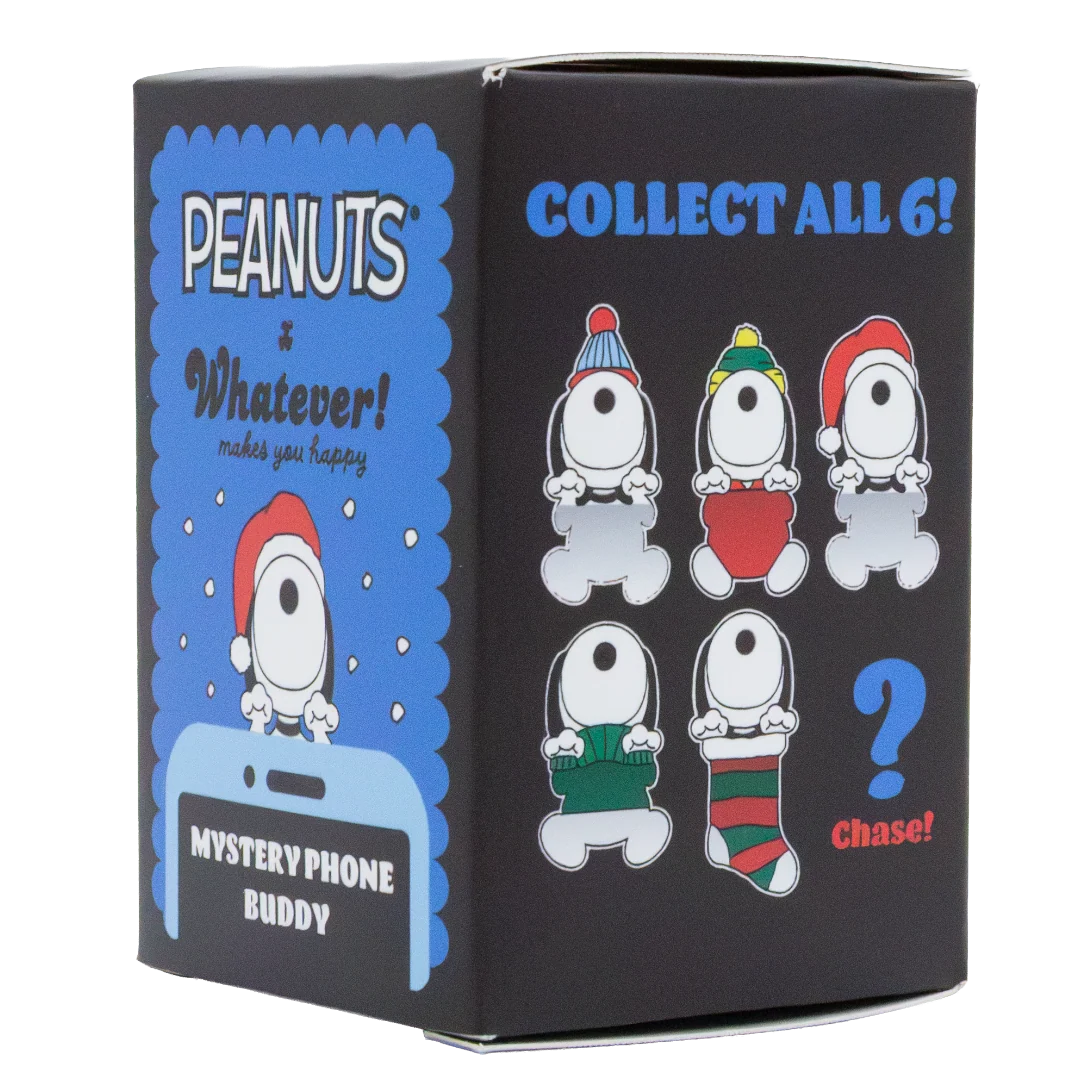 A Peanuts 'Whatever! makes you happy' mystery phone buddy box, featuring Snoopy in various holiday outfits on a black and blue package.