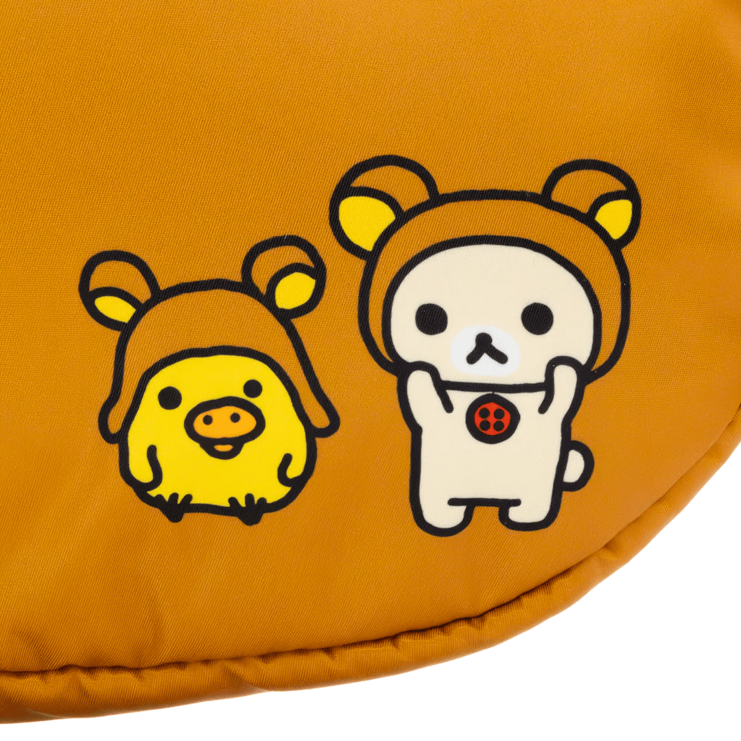 Two cartoon characters, a yellow chick and a white bear-like creature, on an orange background.