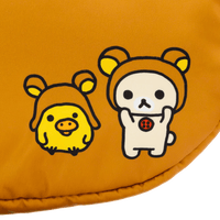 Two cartoon characters, a yellow chick and a white bear-like creature, on an orange background.