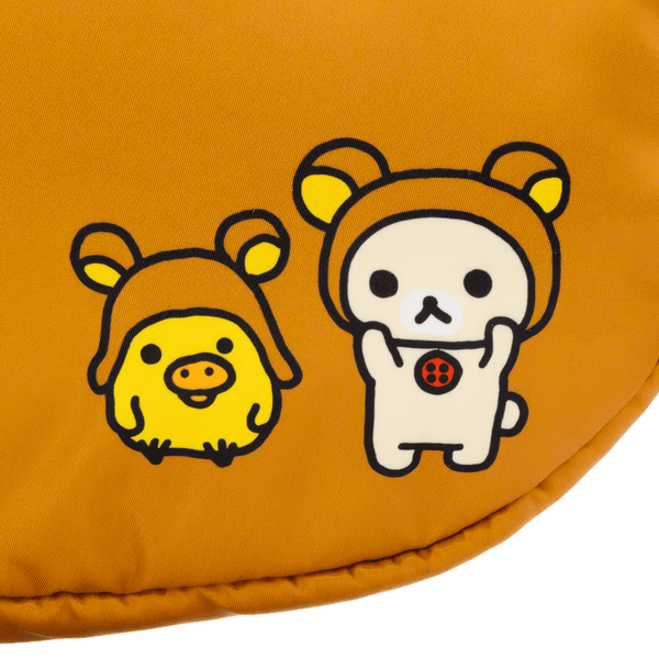 Two cartoon characters, a yellow chick and a white bear-like creature, on an orange background.