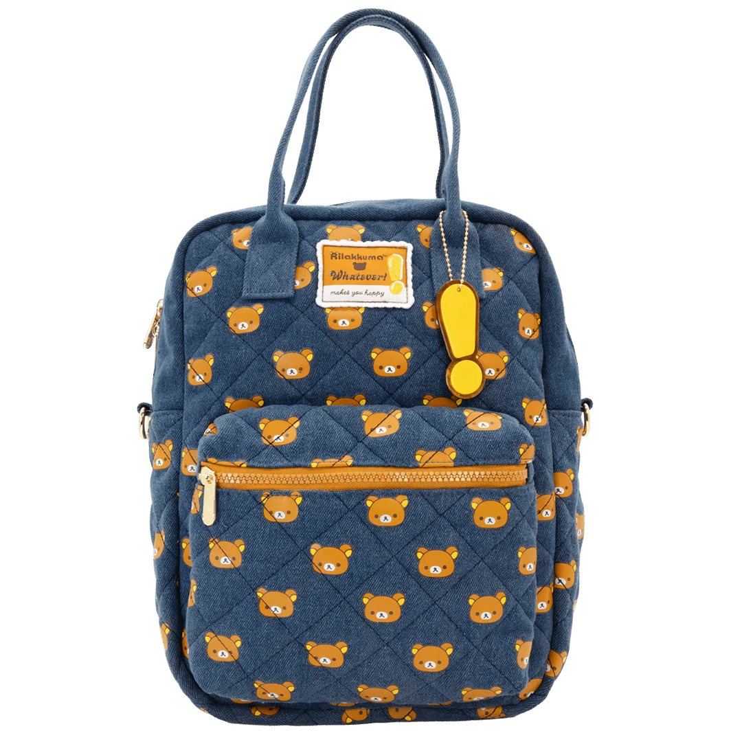 Blue backpack with bear pattern and visible brand label on a white background