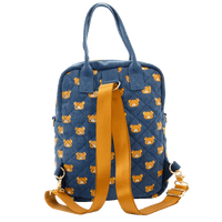 Blue backpack with bear pattern and yellow straps on a white background