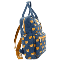 Blue backpack with bear pattern on a white background