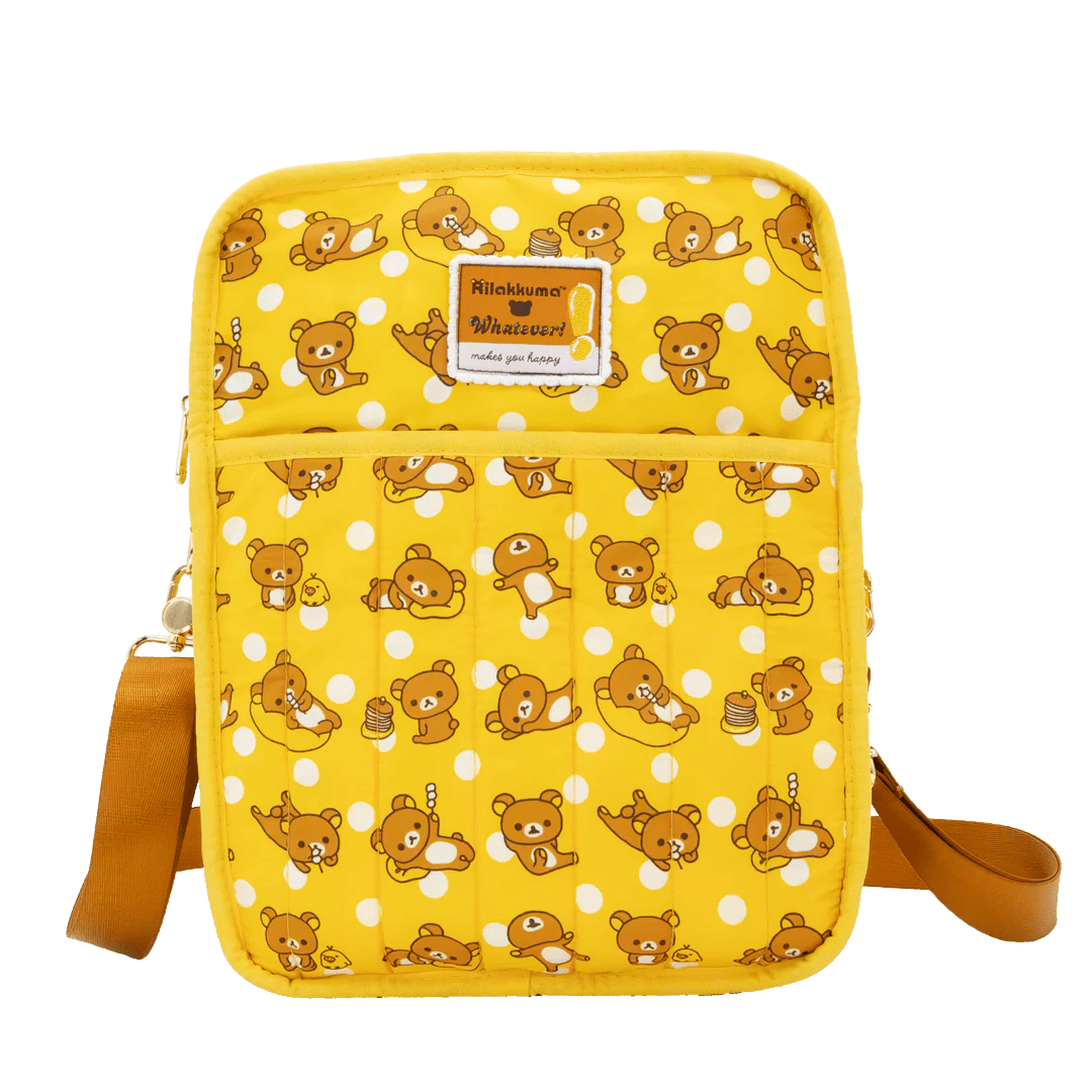 Yellow bag with bear pattern and visible brand logo on a white background