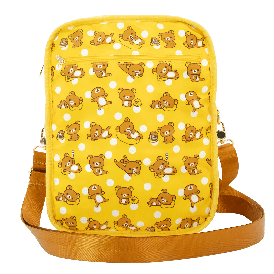 Yellow crossbody bag with teddy bear pattern on a white background