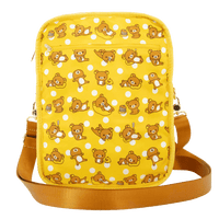 Yellow crossbody bag with teddy bear pattern on a white background