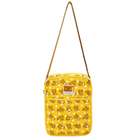 Yellow bag with teddy bear pattern on a white background