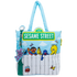 A light blue and white Sesame Street tote bag featuring characters including Big Bird, Oscar the Grouch, Tweety, and Elmo under a green &