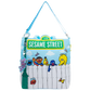 A Sesame Street themed shoulder bag featuring characters like Elmo, Cookie Monster, Big Bird, and Bertie behind a white picket fence on a light blue sky background, with a green '123 SESAME STREET' sign and a blue strap.