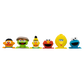 Six Sesame Street character plush toys lined up in a row against a plain white background, including Ernie, Oscar, Bert, Elmo, Big Bird, and Cookie Monster.