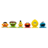 Six Sesame Street character plush toys lined up in a row against a plain white background, including Ernie, Oscar, Bert, Elmo, Big Bird, and Cookie Monster.