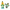 Two small character-themed items on a plain white background: a yellow puppet-like figure with a green torso and blue feet holding a blank white panel, and a die-cut sticker or decal of a light blue bird character with a yellow face.