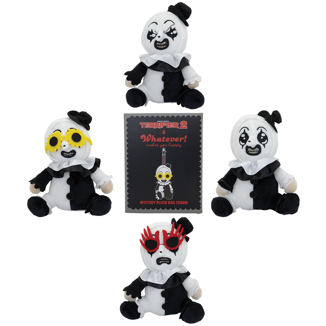 Four plush toy figures of a creepy clown character in a black-and-white outfit arranged around a central product card on a plain white background. The card reads 'TRIFER 2 x Whatever! Mystery Plush Bag Charm.