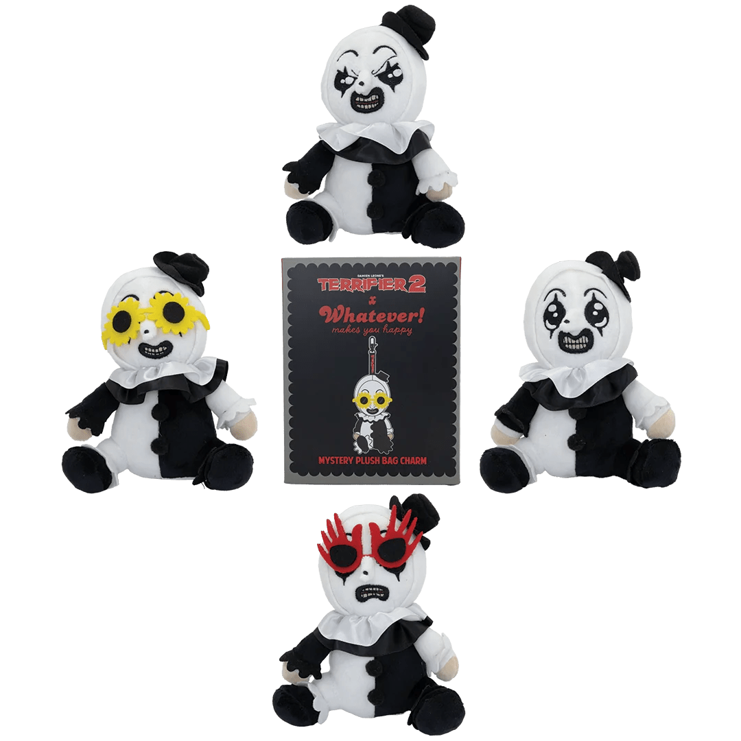 Four plush toy figures of a creepy clown character in a black-and-white outfit arranged around a central product card on a plain white background. The card reads 'TRIFER 2 x Whatever! Mystery Plush Bag Charm.