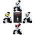 Four plush toy figures of a creepy clown character in a black-and-white outfit arranged around a central product card on a plain white background. The card reads &
