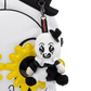 A plush keychain charm of a creepy clown character with a black top hat, white face, and black-and-white outfit, attached to a black strap with red text, shown against a white background.