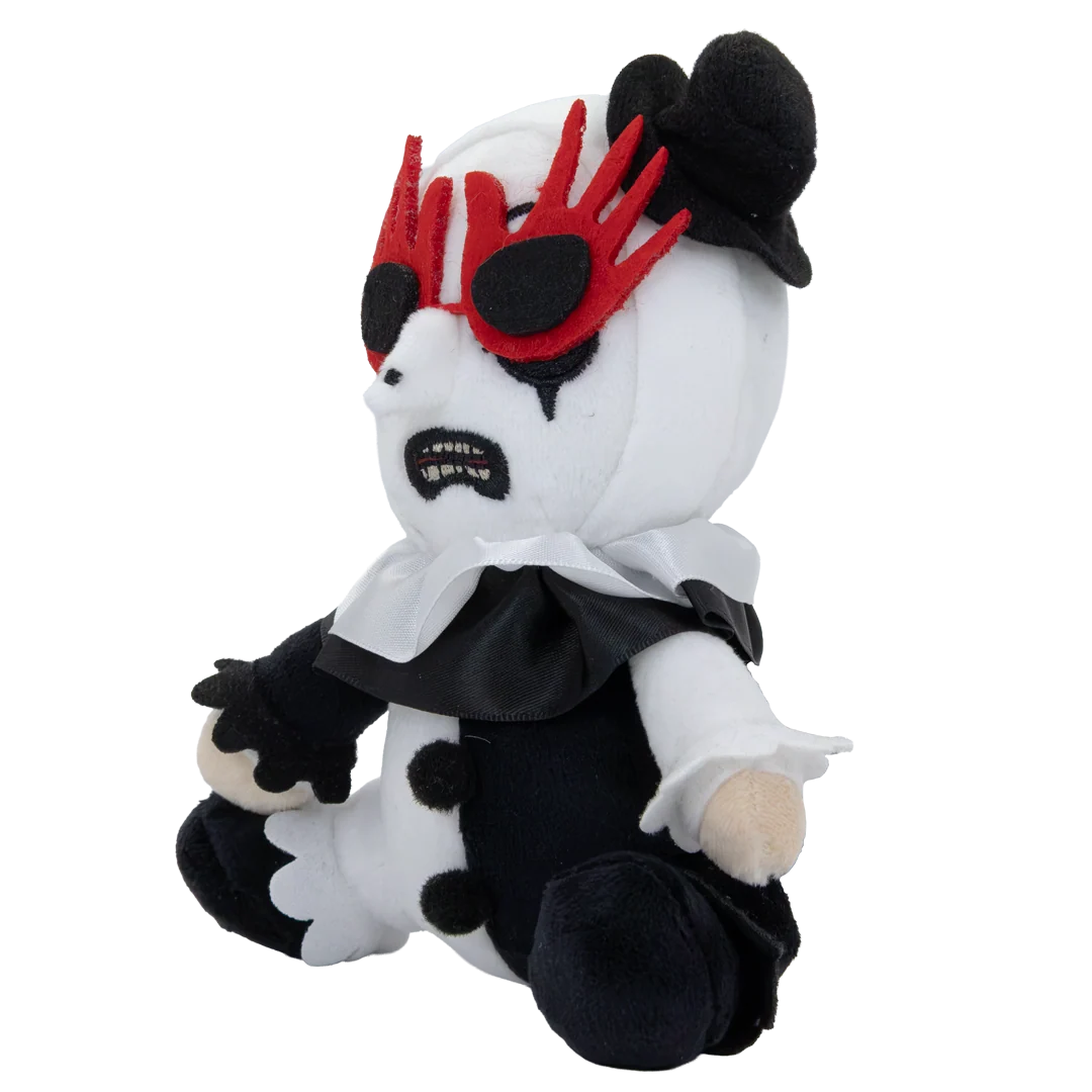 A plush toy character styled like a horror clown or zombie, featuring a white body, black clothing and hat, red jagged eye patches, and a distressed black-and-white face.