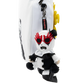 A plush character keychain or bag charm hanging from a white zipper pouch. The character has a white face and body with black clothing, red spiky sunglasses, and a yellow flower-like hair accent, shown against a plain white background.
