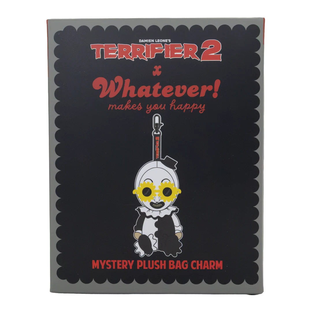 Terrifier 2 x Whatever! Mystery Plush Bag Charm product box on a white background. The box is black with red and white text and features an illustration of a clown-like character holding a plush.