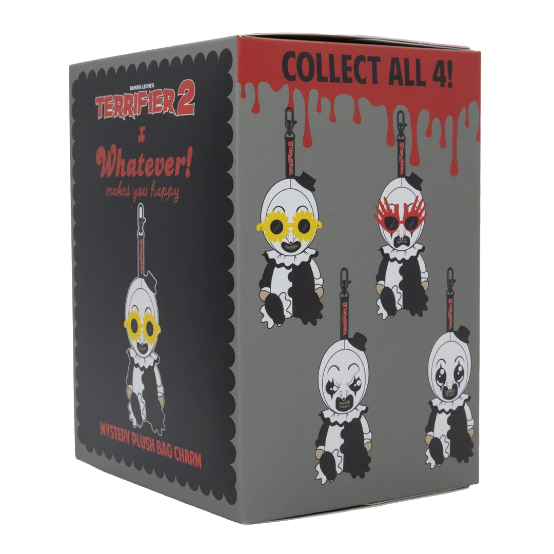 Terrifier 2 x Whatever! Mystery Plush Bag Charm collectible box, featuring illustrations of clown charms on a gray and red box.