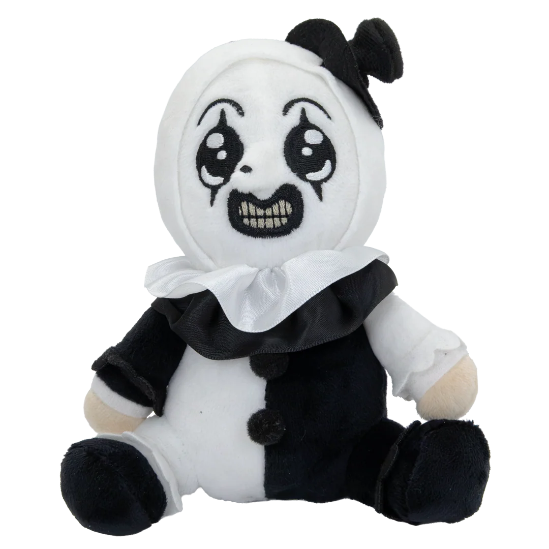 A plush doll styled like a split black-and-white character, seated against a plain white background. The doll has a white head with a black embroidered horror face, black hair tufts, a white ruffled collar, a black torso, and black-and-white limbs.
