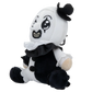 A plush toy shaped like a seated clown with a white head, black face details, black clothing, and beige skin-toned hands and feet, photographed on a plain white background.