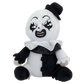 A plush toy of a creepy clown character with a white and black color scheme, featuring a top hat, ruffled collar, and a stitched scary face on a plain white background.