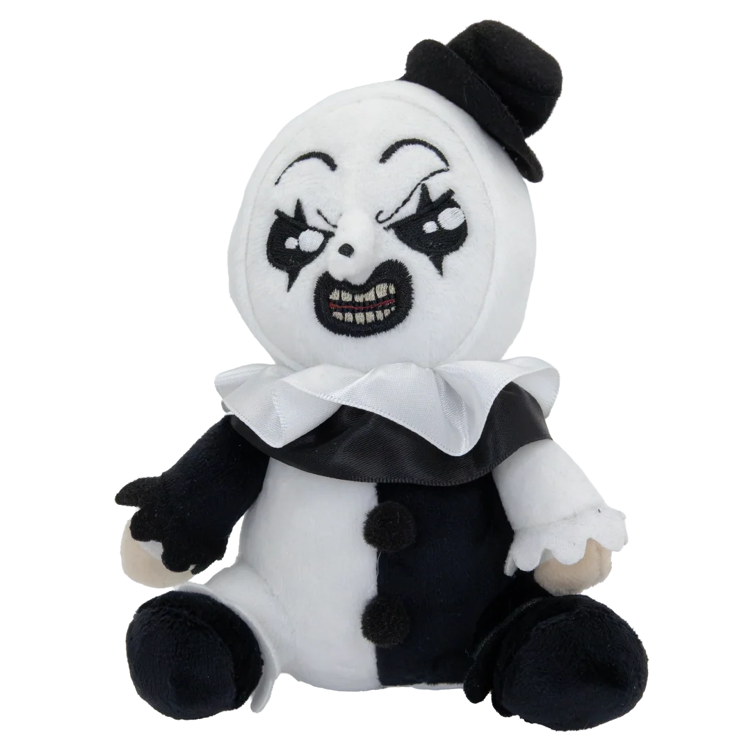 A plush toy of a creepy clown character with a white and black color scheme, featuring a top hat, ruffled collar, and a stitched scary face on a plain white background.