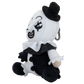 A plush toy of a creepy clown character with a white face, black makeup, a black top hat, and a black-and-white ruffled collar, shown on a plain white background.